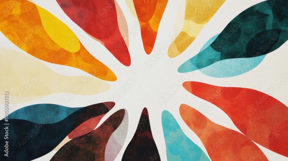 Poster an artistic representation of diverse abstract shapes converging towards a central point on a seamle
