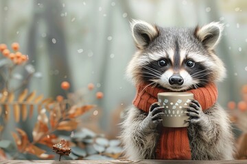 Obraz premium A small raccoon wrapped in a vibrant orange scarf holds a steaming cup in its paws amidst colorful autumn leaves. Snowflakes gently fall in a tranquil forest setting, creating a peaceful atmosphere