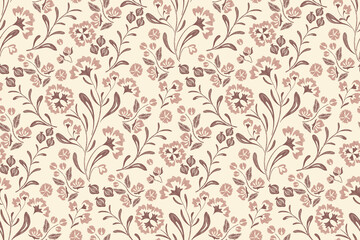 Minimal Floral pattern seamless wallpaper embroidery texture pink carnations flower motifs background border. Vintage ikat watercolour style vector illustration design hand drawn .