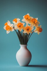 Vibrant yellow daffodils arranged in a rustic vase on a textured blue background during springtime