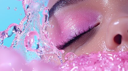 Fototapeta premium Captivating beauty a mesmerizing close-up of a serene face surrounded by vibrant pink water bubbles showcasing the essence of refreshing skincare and bold makeup aesthetics