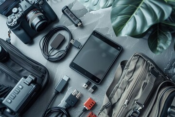 Top view minimalist stock photo of portable charger mockup