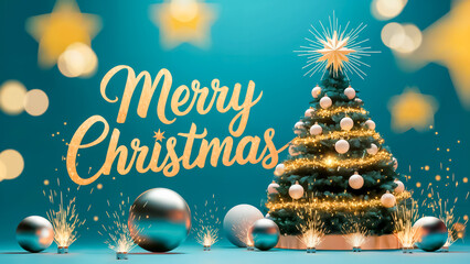 A greeting card with a decorated Christmas tree in a turquoise background. The "Merry Christmas" greeting is written in gold handwritten letters. 