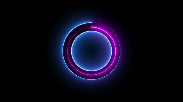 Neon glowing blue pink circle rotating on dark background. Seamless loop. 4K . glowing circular frame on black background