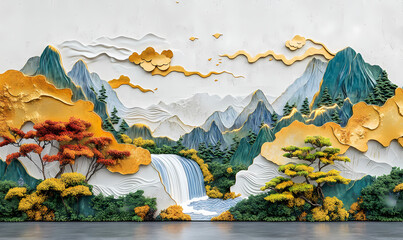 Serene Mountain Waterfall Tapestry: An exquisite 3D bas-relief artwork depicting a tranquil waterfall cascading down majestic mountains, surrounded by vibrant autumn foliage and golden clouds.