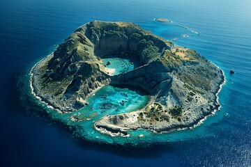 The image captures a stunning aerial view of a secluded island featuring a vibrant turquoise lagoon, steep rocky cliffs, and clear blue waters, all bathed in the soft light of midday