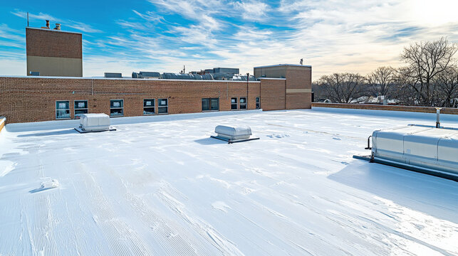 clear view of rooftop covered in melting snow, showcasing effects of heat cables on surface. scene captures serene winter landscape with bright blue sky