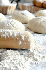 Fototapeta premium Close-up of wooden rolling pin over dough and flour on kitchen table, background with copy space. Bakery, making homemade bread and pastries
