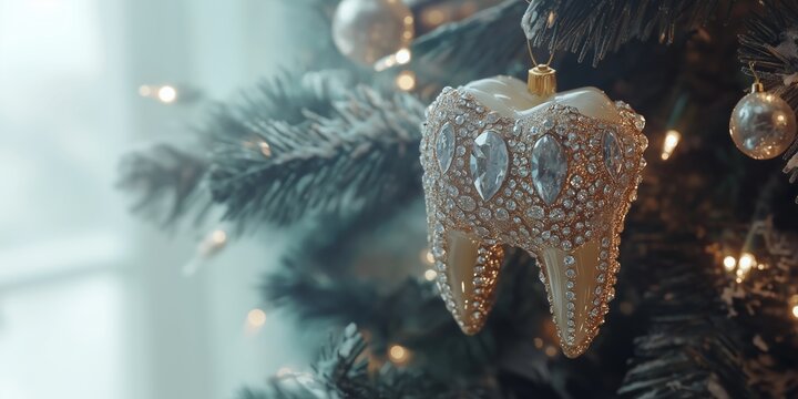 Festive gemstone tooth-shaped ornament for Christmas decor or dental-themed banner