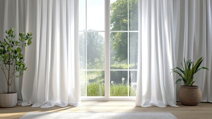 Fototapeta premium Sunlight streaming through sheer curtains illuminating houseplants in a cozy window setting