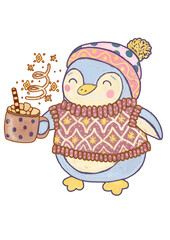 Illustration of cute Christmas seasonal 
dressed penguin wearing sweater clothes with coffee or cocoa on white background