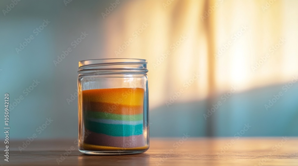 Poster an evocative image of a clear, glass jar filled with multicolored sand layers, each layer representi