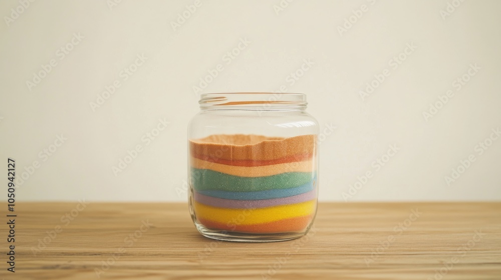 Poster an evocative image of a clear, glass jar filled with multicolored sand layers, each layer representi