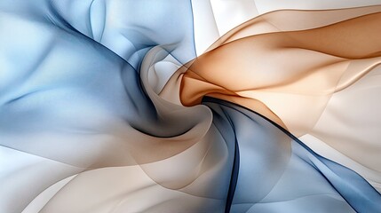 Ethereal abstract design of intertwining blue, brown, and white flowing shapes, creating a sense of movement and fluidity.