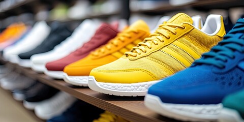 An orderly display of bright athletic shoes, showcasing a vibrant spectrum of colors and designs, appeals to fashion-savvy sport enthusiasts.
