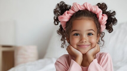Fototapeta premium A cheerful young girl with curly hair poses with hands on cheeks, wearing a pink headband, exuding innocence and joy against a soft background.