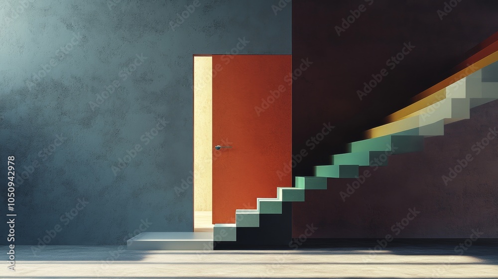 Poster An evocative image of access to opportunity, featuring a staircase with steps of varying colors and sizes leading to an open door, Symbolizing the journey towards equal access and opportunity