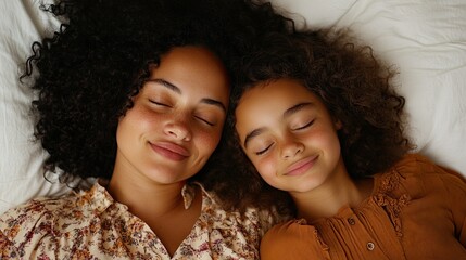 Obraz premium A mother and daughter lie peacefully asleep on white bedding, radiating warmth, bond, and tranquility in a serene setting.