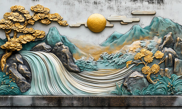 Serene Landscape: A tranquil and detailed relief sculpture depicts a classical Asian landscape, showcasing mountains, waterfalls, trees, sun, and clouds, evoking peace and natural beauty. - Powered by Adobe