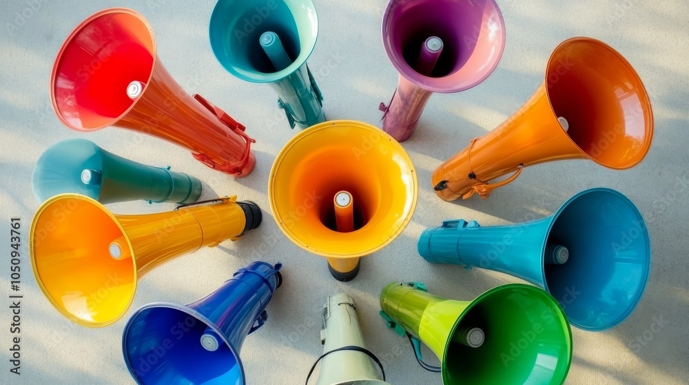 Poster An evocative image of diverse voices, showing a range of megaphones of various colors and styles arranged in a circle, Representing the amplification of diverse perspectives in a unified manner