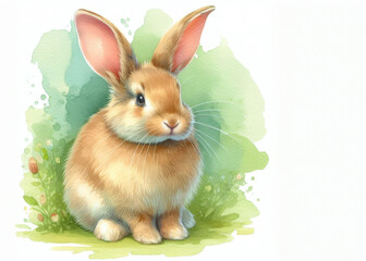 Ein niedlicher  Hase / Osterhase mit weichem, beigem Fell sitzt  vor einem grünen Hintergrund, der Frühlingsgefühle weckt. Perfekt für die Osterzeit als Grußkarte. Generative KI.