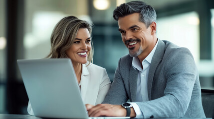 Obraz premium Smiling Mature Businessman and Female Colleague Collaborating on a Laptop Together in a Modern Office Setting, Emphasizing Professional Teamwork and Communication