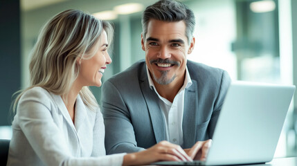 Fototapeta premium Smiling Businessman Engaged in a Positive Discussion with Female Colleague While Collaborating on a Laptop in a Modern Office Environment value of teamwork, mutual respect, and effective communication