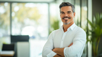 Confident Mature Businessman Smiling with Arms Crossed in Bright Modern Office Environment, Exuding Leadership and Approachability