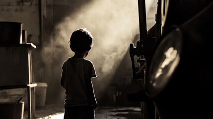 An evocative portrayal of child labor, depicting a young child working in a dimly lit factory, Representing the global issue of exploitation