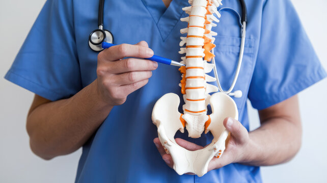 A doctor is holding a model of the spine and is pointing to the vertebrae. Concept of professionalism and expertise, as the doctor is dressed in a blue scrubs