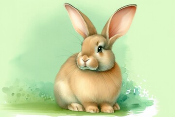 Obraz premium Ein niedlicher Hase / Osterhase mit weichem, beigem Fell sitzt vor einem grünen Hintergrund, der Frühlingsgefühle weckt. Perfekt für die Osterzeit als Grußkarte. Generative KI.