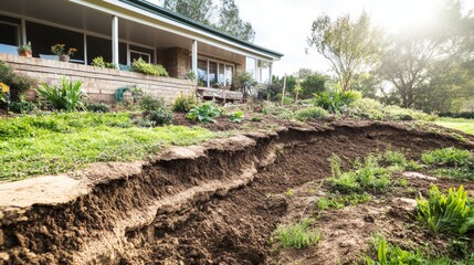A garden with visible soil subsidence near the foundation of the house causing an uneven landscape