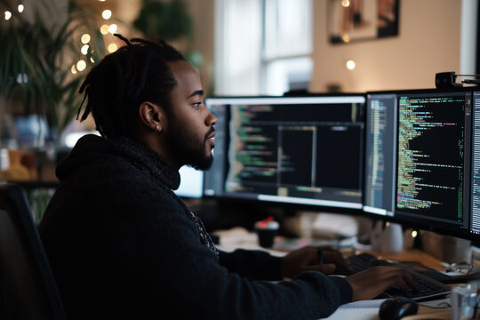 A man is sitting in front of a computer with his head tilted to the right