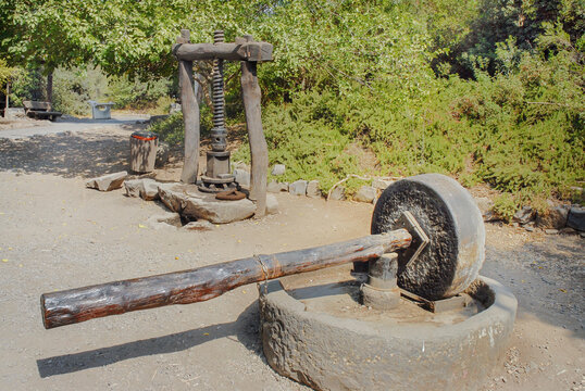Handmade olive press for olive oil production. Talmudic Villa Qasrin, Golam Hills, Israel, 2016