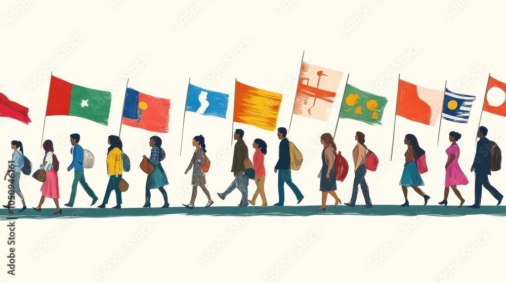 Poster an evocative scene of a diverse group of people walking along a path lined with flags representing v