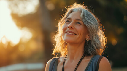 A woman with gray hair is smiling and looking up at the sun