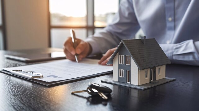 Maison miniature, signature cr&eacute;dit immobilier, achat/vente immo with copy space