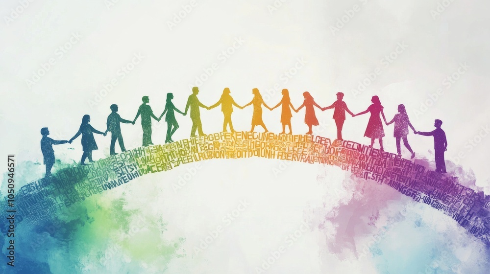 Aufkleber An evocative scene of a group of people holding hands across a bridge made of interconnected words like 'Equality,' 'Respect,' and 'Unity