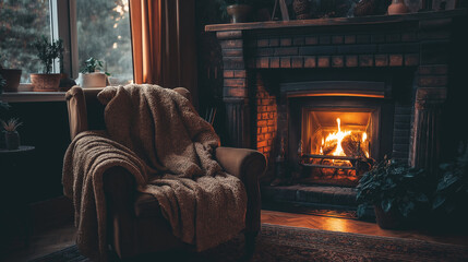 Fototapeta premium Warm Autumn Ambiance: Cozy Armchair by the Fireplace with Seasonal Decor in Neo-Noir Cyberpunk Style, Capturing Tranquil and Modern Comfort
