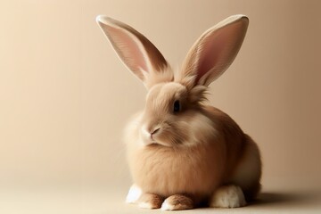 Obraz premium Ein niedlicher, flauschiger Hase / Kaninchen sitzt entspannt auf einem neutralen Hintergrund. Die Darstellung ist sanft und detailreich, ideal für Frühlings- oder Osterdekorationen. Generative KI.