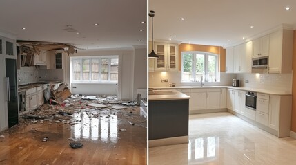Before and after: a picture split in half the left side of the picture is a damaged kitchen damaged by flood damage and the right half of the picture is newly renovated looks clean and brand new