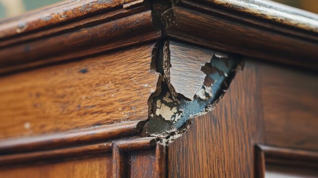 Close-up of a chipped or broken corner of wooden furniture showing clear signs of damage from everyday use
