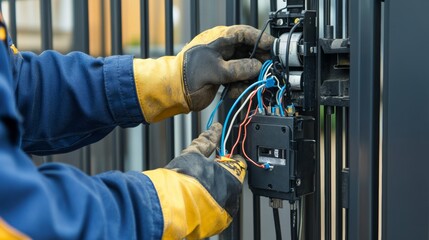 Close-up of technician connecting wiring to an automatic gate motor
