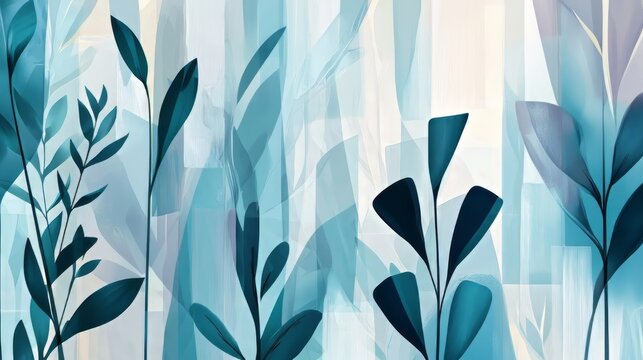 Elegant abstract foliage with layered leaves in soft blue and teal tones, creating a tranquil, minimalist composition that exudes calm and sophistication. AI generative.