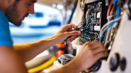 Close-up of technician wiring a marine navigation system on a boat