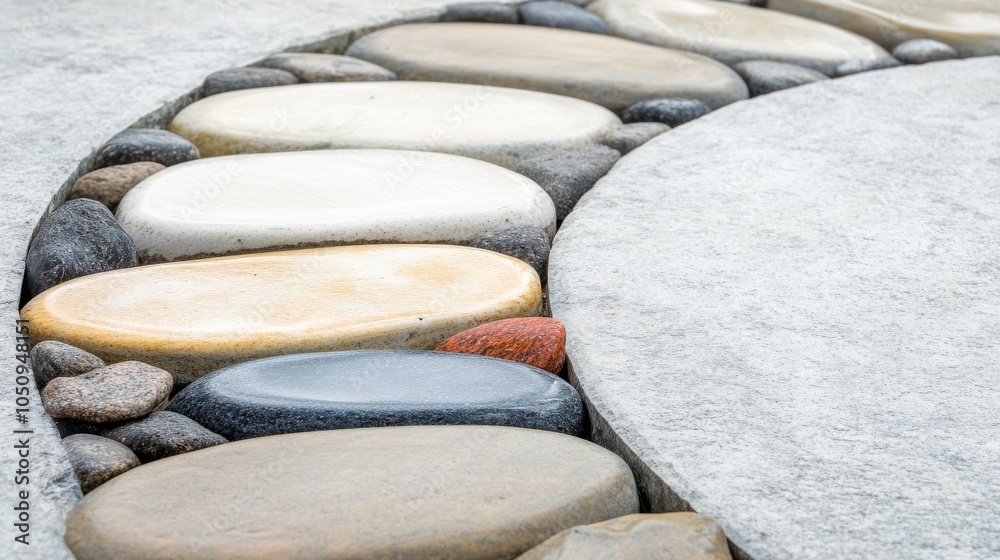 Poster an evocative scene of different colored and textured stones forming a single, elegant pathway leadin