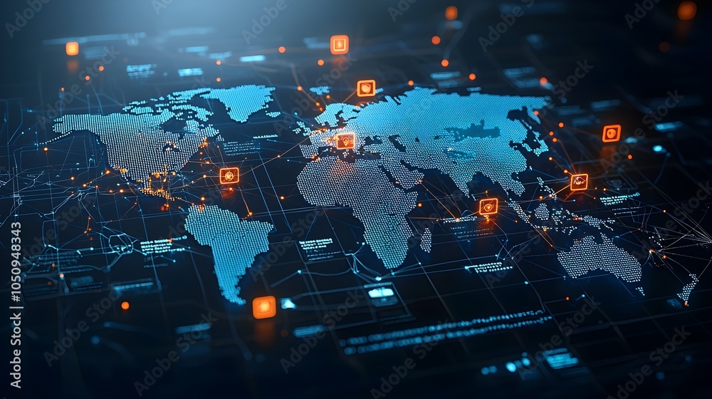 Poster Glowing Polygonal World Map with Bright Interactive Nodes Representing Global Connectivity and Technological Innovation in a Futuristic 3D Rendering