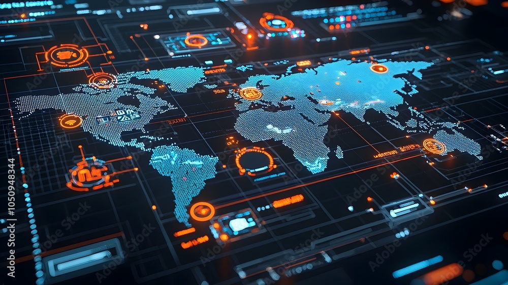 Poster Glowing polygonal world map with bright interactive nodes representing global connectivity and technological innovation in a futuristic 3D rendering