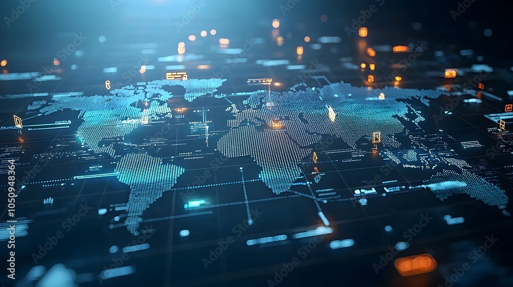 Poster Futuristic 3D polygonal map with radiant glowing lines and points illustrating a global digital interaction network and technological advancement