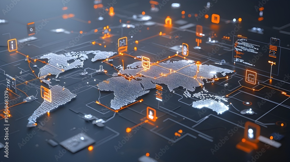 Poster Futuristic polygonal 3D map with radiant glowing lines and points illustrating global digital interaction and technological advancement  Abstract cyberspace network visualization data intelligence